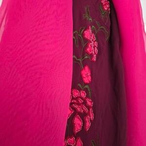 Sue wong Maroon Floral Maxi Dress 100% Silk with free pink silk shall